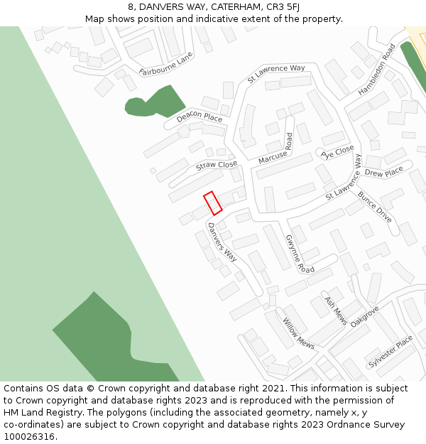 8, DANVERS WAY, CATERHAM, CR3 5FJ: Location map and indicative extent of plot