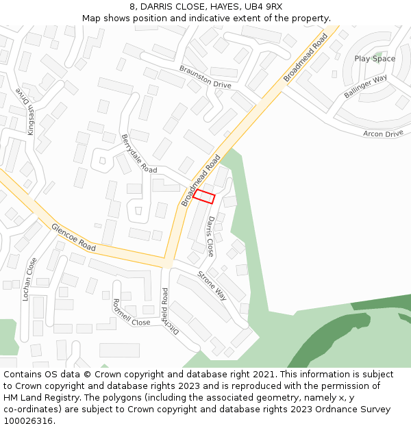 8, DARRIS CLOSE, HAYES, UB4 9RX: Location map and indicative extent of plot