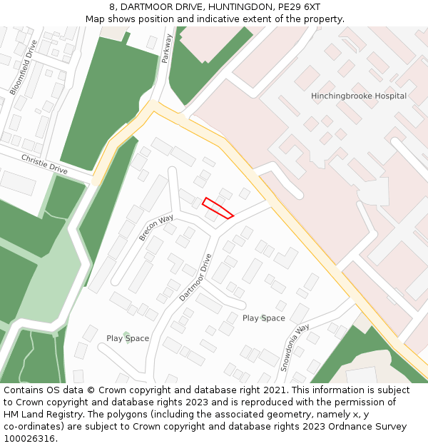 8, DARTMOOR DRIVE, HUNTINGDON, PE29 6XT: Location map and indicative extent of plot