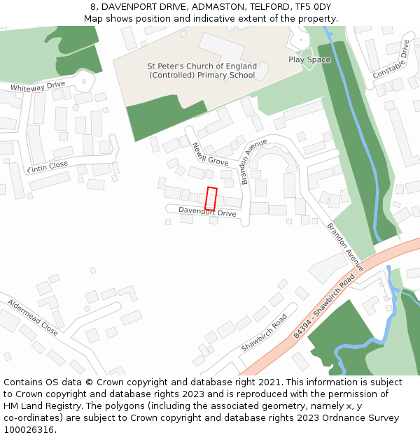 8, DAVENPORT DRIVE, ADMASTON, TELFORD, TF5 0DY: Location map and indicative extent of plot