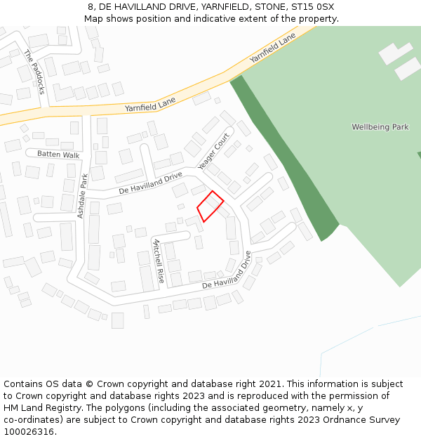 8, DE HAVILLAND DRIVE, YARNFIELD, STONE, ST15 0SX: Location map and indicative extent of plot