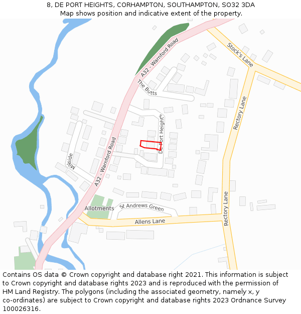 8, DE PORT HEIGHTS, CORHAMPTON, SOUTHAMPTON, SO32 3DA: Location map and indicative extent of plot