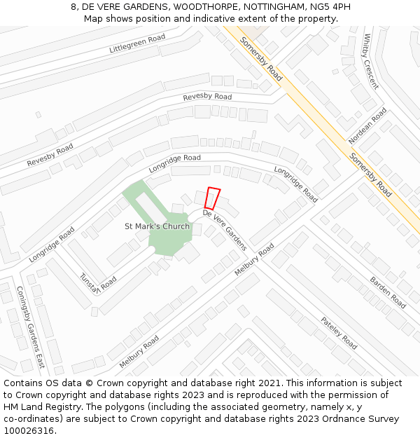 8, DE VERE GARDENS, WOODTHORPE, NOTTINGHAM, NG5 4PH: Location map and indicative extent of plot