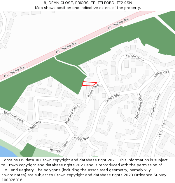 8, DEAN CLOSE, PRIORSLEE, TELFORD, TF2 9SN: Location map and indicative extent of plot