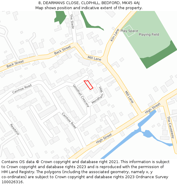 8, DEARMANS CLOSE, CLOPHILL, BEDFORD, MK45 4AJ: Location map and indicative extent of plot