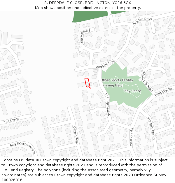 8, DEEPDALE CLOSE, BRIDLINGTON, YO16 6GX: Location map and indicative extent of plot