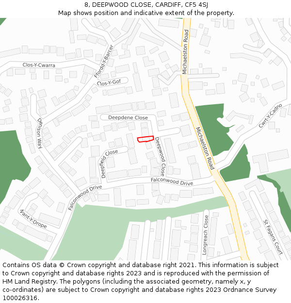 8, DEEPWOOD CLOSE, CARDIFF, CF5 4SJ: Location map and indicative extent of plot