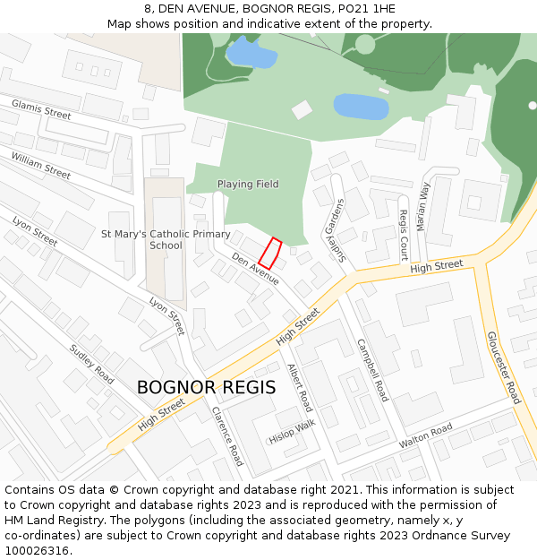 8, DEN AVENUE, BOGNOR REGIS, PO21 1HE: Location map and indicative extent of plot