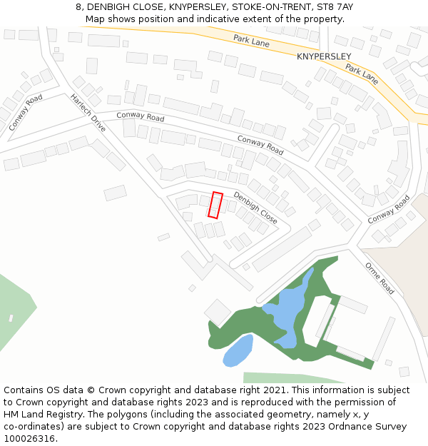 8, DENBIGH CLOSE, KNYPERSLEY, STOKE-ON-TRENT, ST8 7AY: Location map and indicative extent of plot