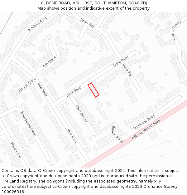 8, DENE ROAD, ASHURST, SOUTHAMPTON, SO40 7BJ: Location map and indicative extent of plot