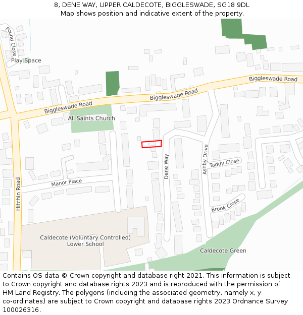 8, DENE WAY, UPPER CALDECOTE, BIGGLESWADE, SG18 9DL: Location map and indicative extent of plot