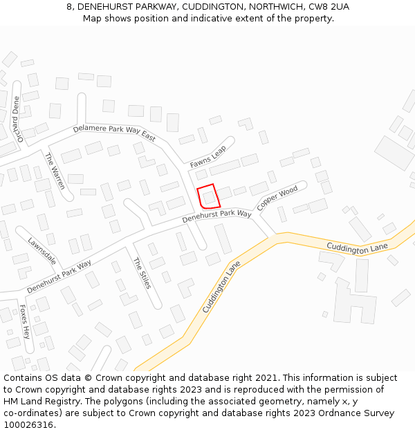 8, DENEHURST PARKWAY, CUDDINGTON, NORTHWICH, CW8 2UA: Location map and indicative extent of plot