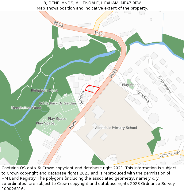 8, DENELANDS, ALLENDALE, HEXHAM, NE47 9PW: Location map and indicative extent of plot