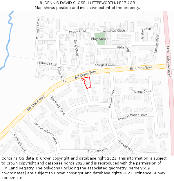 8, DENNIS DAVID CLOSE, LUTTERWORTH, LE17 4GB: Location map and indicative extent of plot