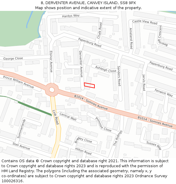 8, DERVENTER AVENUE, CANVEY ISLAND, SS8 9PX: Location map and indicative extent of plot