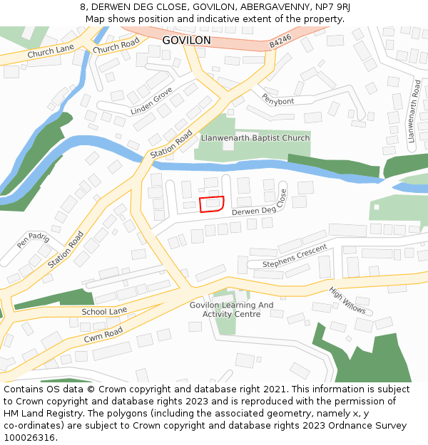8, DERWEN DEG CLOSE, GOVILON, ABERGAVENNY, NP7 9RJ: Location map and indicative extent of plot