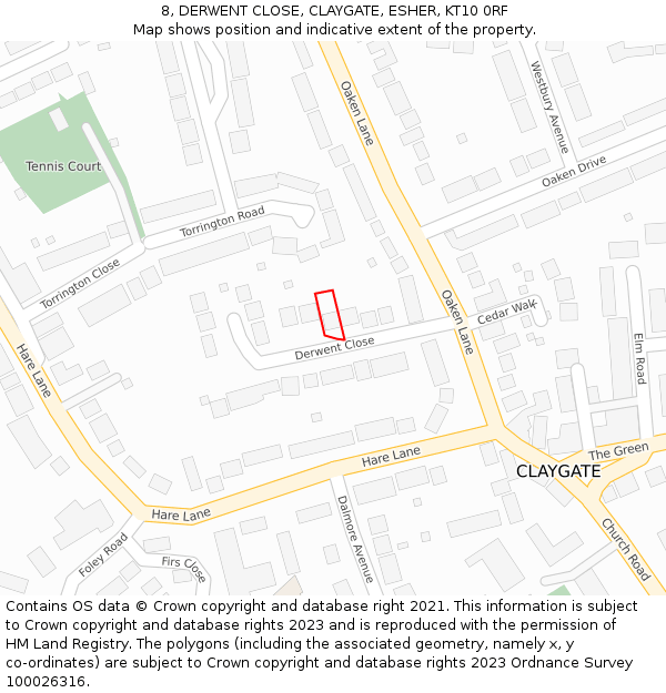 8, DERWENT CLOSE, CLAYGATE, ESHER, KT10 0RF: Location map and indicative extent of plot