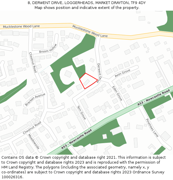 8, DERWENT DRIVE, LOGGERHEADS, MARKET DRAYTON, TF9 4DY: Location map and indicative extent of plot