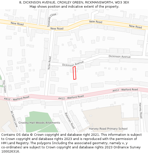 8, DICKINSON AVENUE, CROXLEY GREEN, RICKMANSWORTH, WD3 3EX: Location map and indicative extent of plot