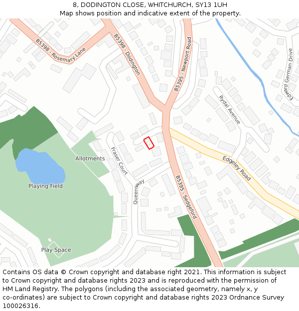 8, DODINGTON CLOSE, WHITCHURCH, SY13 1UH: Location map and indicative extent of plot