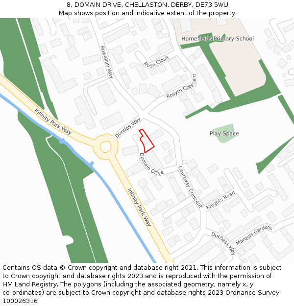 8, DOMAIN DRIVE, CHELLASTON, DERBY, DE73 5WU: Location map and indicative extent of plot