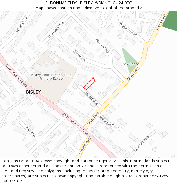 8, DONNAFIELDS, BISLEY, WOKING, GU24 9DP: Location map and indicative extent of plot