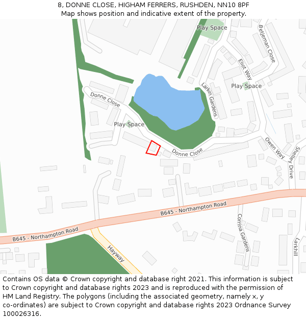 8, DONNE CLOSE, HIGHAM FERRERS, RUSHDEN, NN10 8PF: Location map and indicative extent of plot