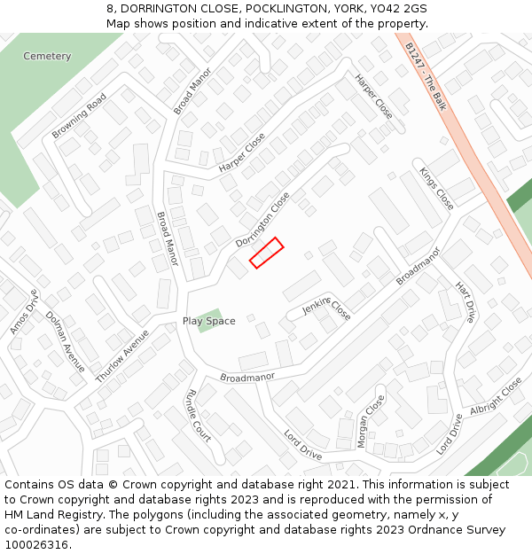 8, DORRINGTON CLOSE, POCKLINGTON, YORK, YO42 2GS: Location map and indicative extent of plot