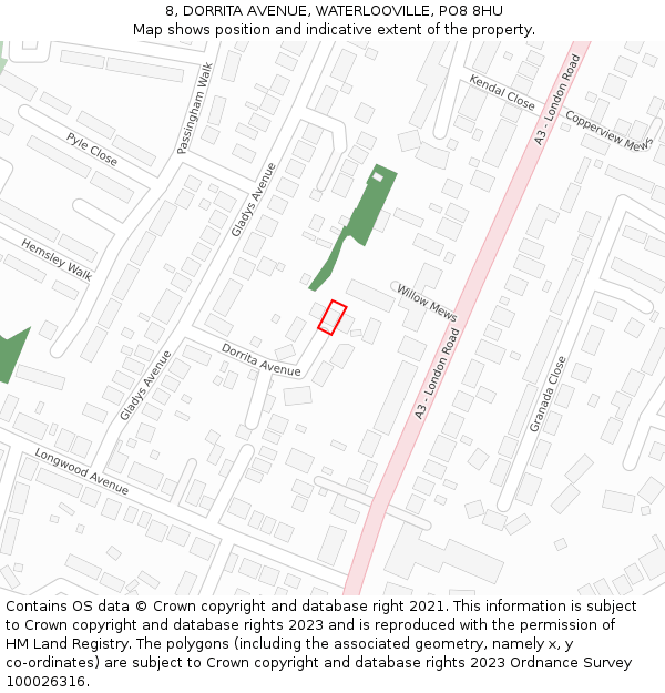 8, DORRITA AVENUE, WATERLOOVILLE, PO8 8HU: Location map and indicative extent of plot