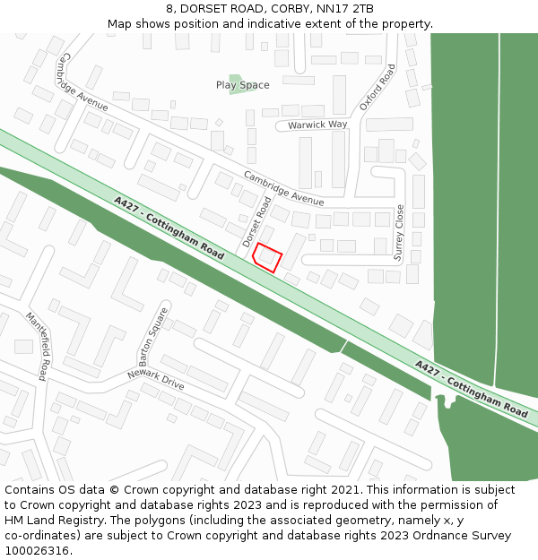 8, DORSET ROAD, CORBY, NN17 2TB: Location map and indicative extent of plot