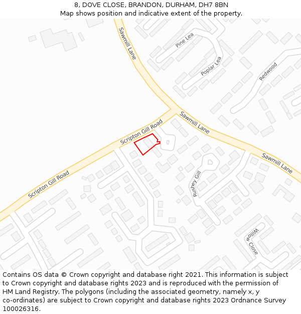 8, DOVE CLOSE, BRANDON, DURHAM, DH7 8BN: Location map and indicative extent of plot