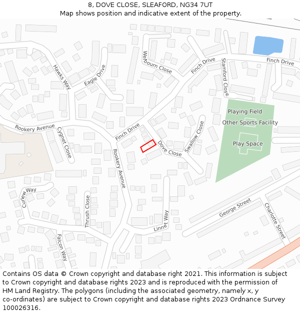 8, DOVE CLOSE, SLEAFORD, NG34 7UT: Location map and indicative extent of plot