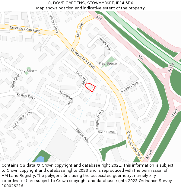 8, DOVE GARDENS, STOWMARKET, IP14 5BX: Location map and indicative extent of plot