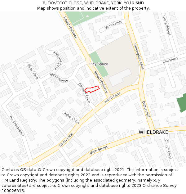8, DOVECOT CLOSE, WHELDRAKE, YORK, YO19 6ND: Location map and indicative extent of plot