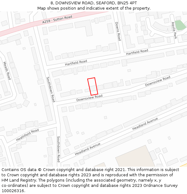 8, DOWNSVIEW ROAD, SEAFORD, BN25 4PT: Location map and indicative extent of plot