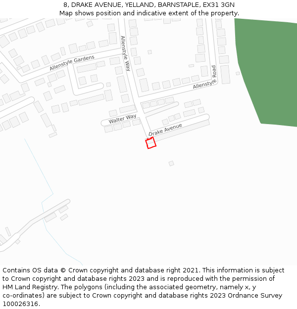 8, DRAKE AVENUE, YELLAND, BARNSTAPLE, EX31 3GN: Location map and indicative extent of plot