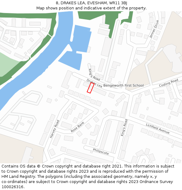 8, DRAKES LEA, EVESHAM, WR11 3BJ: Location map and indicative extent of plot