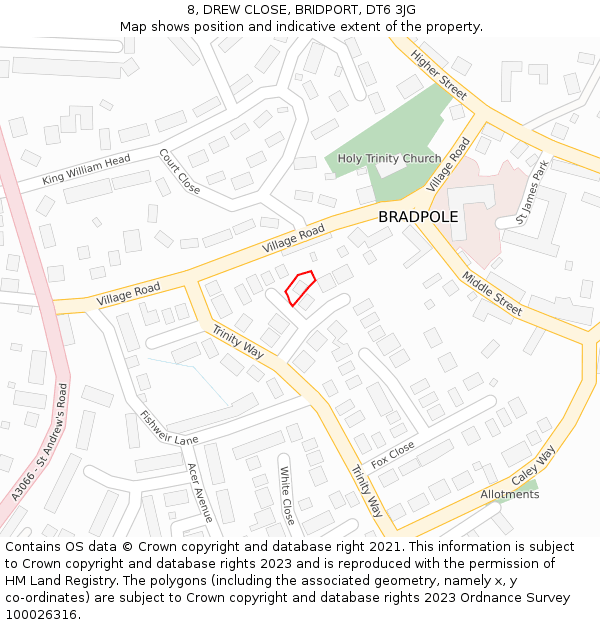 8, DREW CLOSE, BRIDPORT, DT6 3JG: Location map and indicative extent of plot