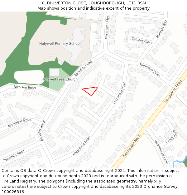 8, DULVERTON CLOSE, LOUGHBOROUGH, LE11 3SN: Location map and indicative extent of plot