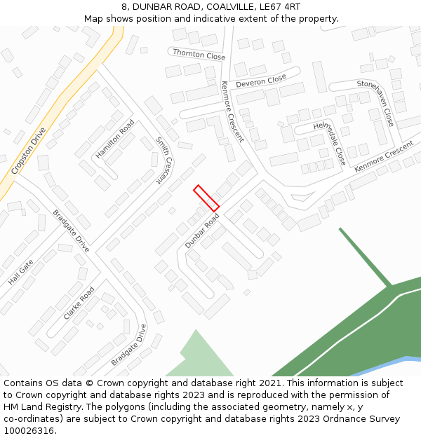 8, DUNBAR ROAD, COALVILLE, LE67 4RT: Location map and indicative extent of plot