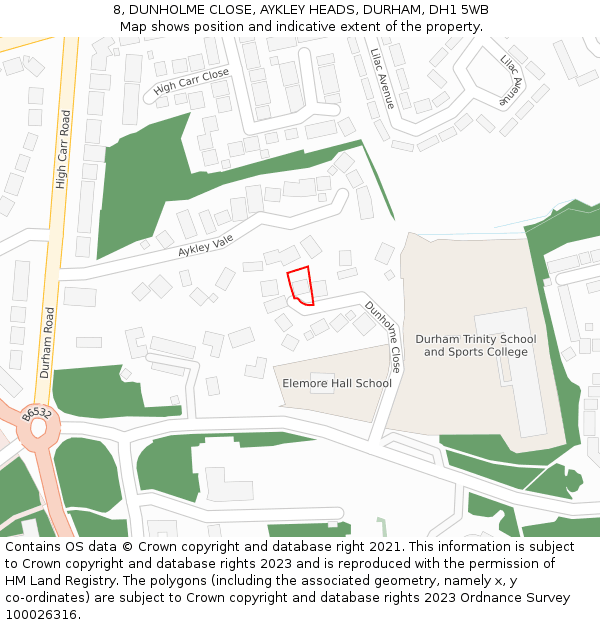 8, DUNHOLME CLOSE, AYKLEY HEADS, DURHAM, DH1 5WB: Location map and indicative extent of plot