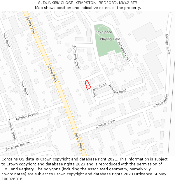8, DUNKIRK CLOSE, KEMPSTON, BEDFORD, MK42 8TB: Location map and indicative extent of plot