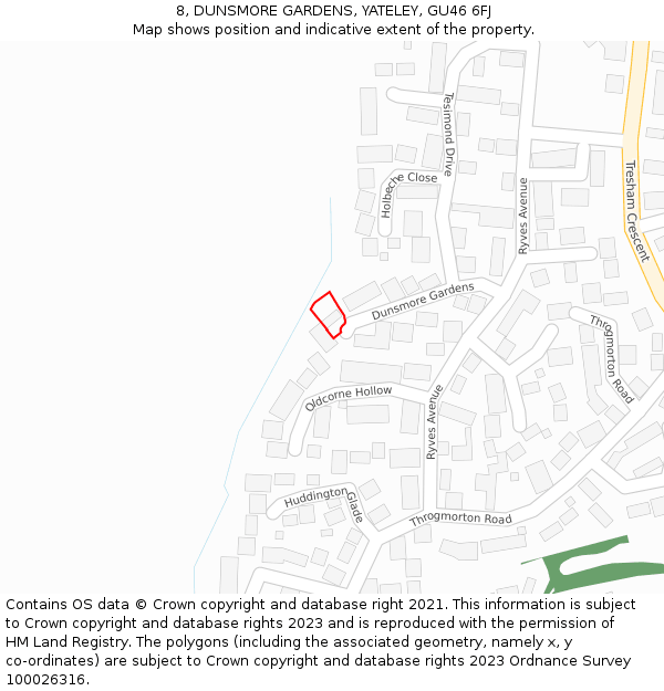 8, DUNSMORE GARDENS, YATELEY, GU46 6FJ: Location map and indicative extent of plot