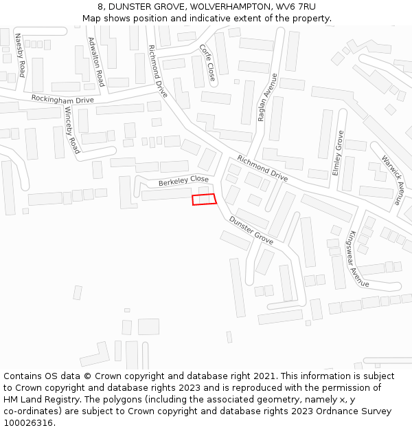 8, DUNSTER GROVE, WOLVERHAMPTON, WV6 7RU: Location map and indicative extent of plot