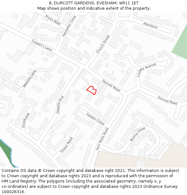 8, DURCOTT GARDENS, EVESHAM, WR11 1ET: Location map and indicative extent of plot