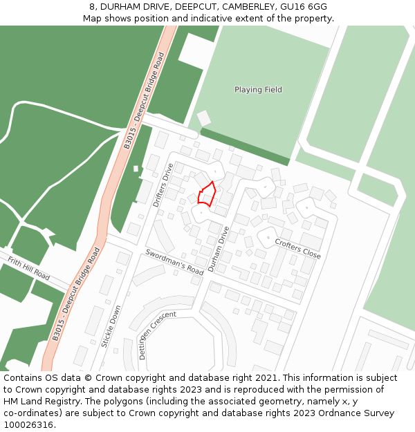 8, DURHAM DRIVE, DEEPCUT, CAMBERLEY, GU16 6GG: Location map and indicative extent of plot