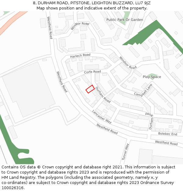 8, DURHAM ROAD, PITSTONE, LEIGHTON BUZZARD, LU7 9JZ: Location map and indicative extent of plot