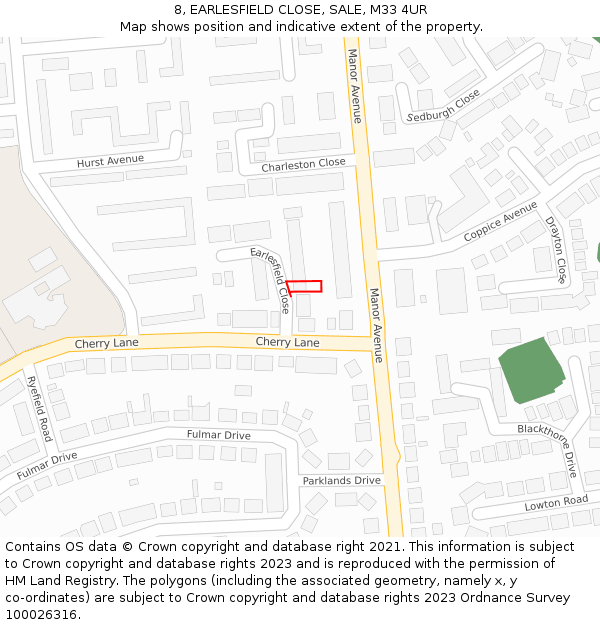 8, EARLESFIELD CLOSE, SALE, M33 4UR: Location map and indicative extent of plot