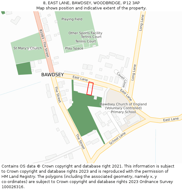 8, EAST LANE, BAWDSEY, WOODBRIDGE, IP12 3AP: Location map and indicative extent of plot