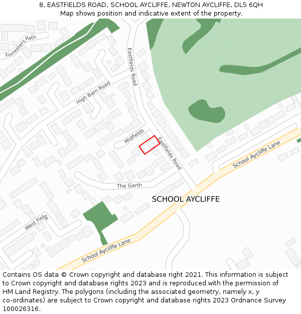 8, EASTFIELDS ROAD, SCHOOL AYCLIFFE, NEWTON AYCLIFFE, DL5 6QH: Location map and indicative extent of plot